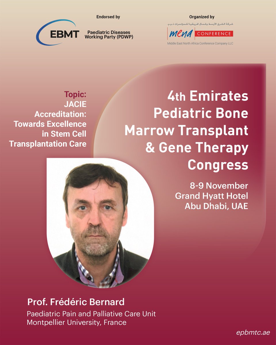 MedEdge MEA (@mededgemea) on Twitter photo Hear insights from Prof. FrΓ©dΓ©ric Bernard at the 4th Emirates Pediatric Bone Marrow Transplant & Gene Therapy Congress, organized by <a href="/MENAConference/">MENAConferenceUAE</a> !
π
8β9 November 2025 | π Grand Hyatt Hotel, Abu Dhabi, UAE
Prof. Bernard, from the Paediatric Pain and Palliative Care Unit, Hear insights from Prof. FrΓ©dΓ©ric Bernard at the 4th Emirates Pediatric Bone Marrow Transplant & Gene Therapy Congress, organized by <a href="/MENAConference/">MENAConferenceUAE</a> !
π
8β9 November 2025 | π Grand Hyatt Hotel, Abu Dhabi, UAE
Prof. Bernard, from the Paediatric Pain and Palliative Care Unit,