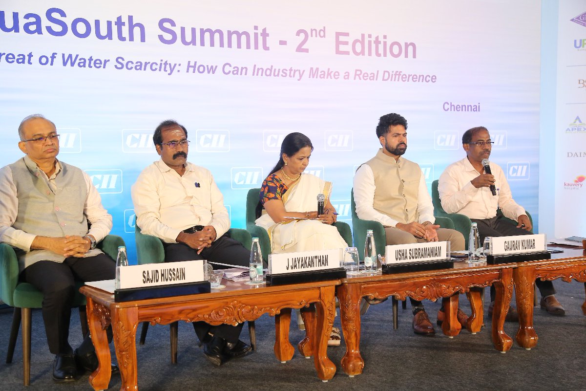 SAJIDHUSSAIN69's tweet photo. Discussion on the looming threat of water scarcity : How the industry can make a difference, at the CII Aqua South summit 2, along with panelists Secretary, Water Resources Department ( WRD), ED, CMWSSB, CE SIPCOT and Grundfos country president, #cii, #watersecurity, #waterreuse, https://t.co/JS8FMyp7FS