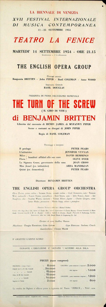 🎼 Andava in scena oggi #14settembre nel 1954 in prima mondiale l’Opera “Il giro di vite” di Benjamin Britten al Teatro La Fenice.

📌 La locandina storica e uno scatto di questo evento indimenticabile.

#VeneziaSerenissima❤️🦁