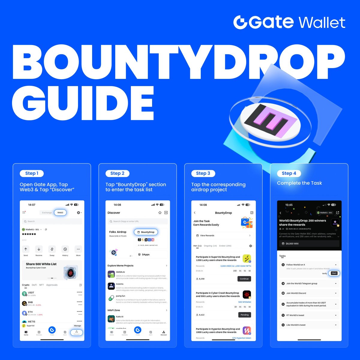 🔥#GateWallet &amp; <a href="/WORLD3_AI/">WORLD3</a> #BountyDrop is Live!
Complete the Tasks to Share $8,000 WAI
 ✅ Follow World3 on X
 ✅ Join the World3 Telegram group
 ✅ Join World3 Discord
 ✅ RT event tweet
 ✅ Like event tweet
 ✅ Accumulate trades of more than 50 USDT equivalent in WAI during the
