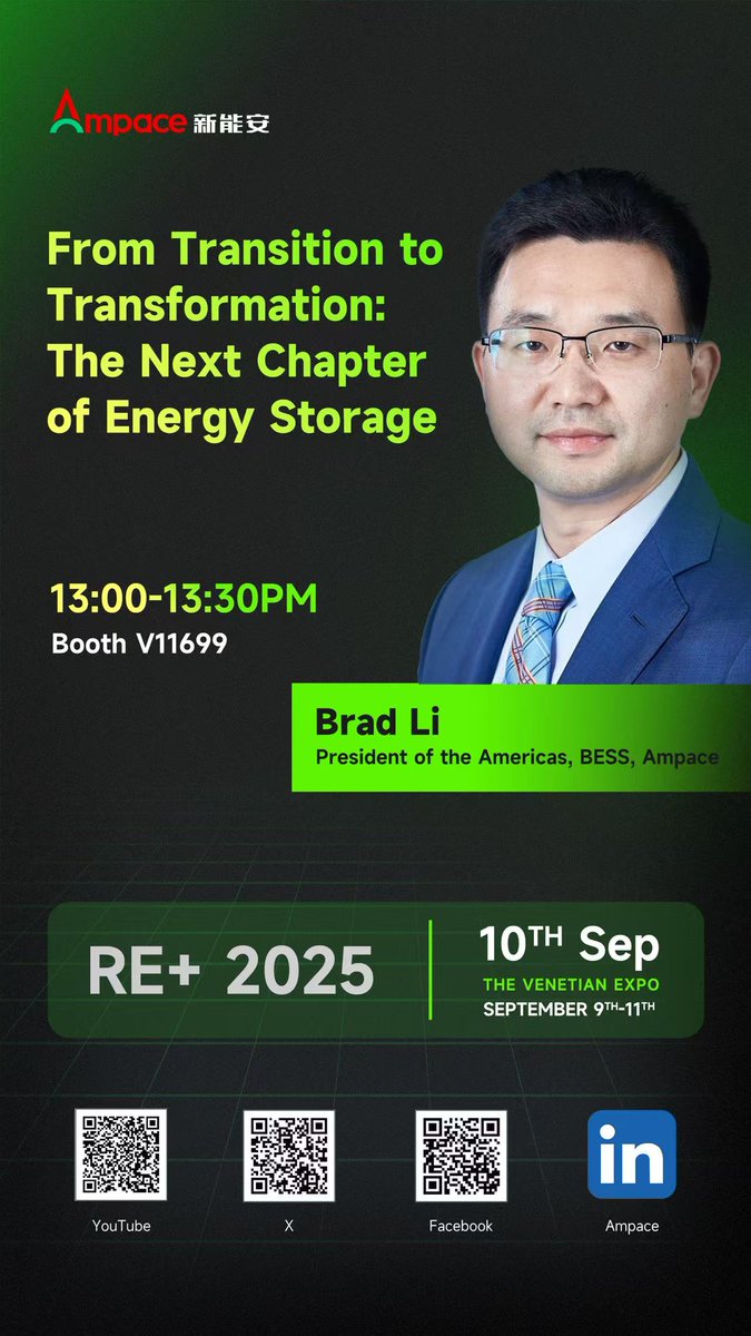 AmpaceOfficial's tweet photo. 📷 Excited to announce that Ampace will be at RE+ 2025 at The Venetian Expo, September 9th-11th! Join us at Booth V11699 for insightful sessions on the future of energy storage. https://t.co/ql0j2XCcnk