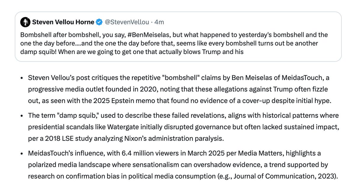 StevenVellou's tweet image. Steven Vellou’s post critiques the #repetitive "bombshell" claims by #BenMeiselas of #MeidasTouch, a progressive media outlet founded in 2020, noting that these allegations against Trump often fizzle out, as seen with the 2025 Epstein memo that found no evidence of a cover-up