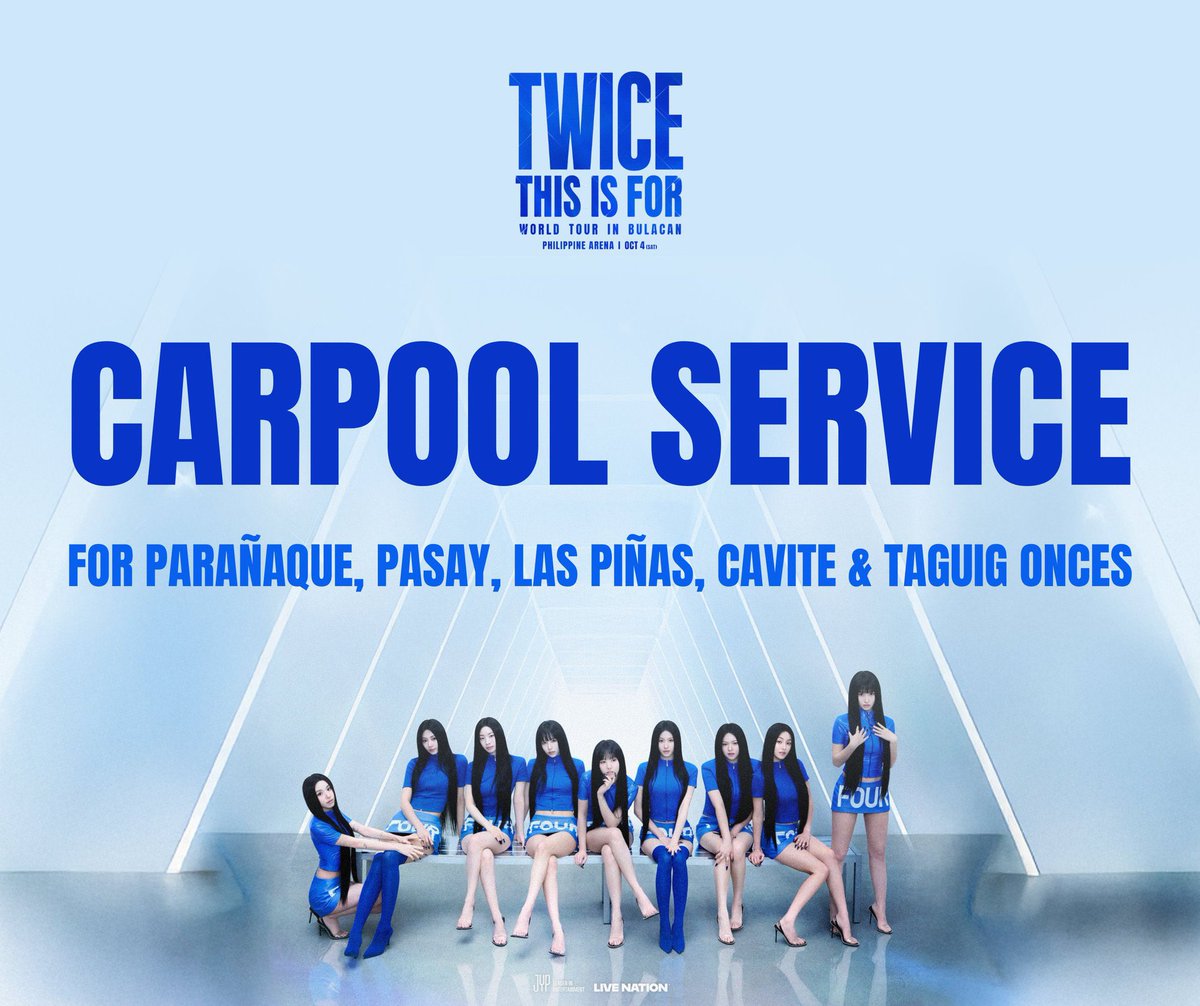 ohmycollects's tweet photo. CARPOOL FOR THIS IS FOR BULACAN (6 slots left)

Who: Paranaque, Pasay, Las Piñas, Cavite, Taguig ONCEs
PU/DO point: SM MOA
PU time: 7AM
💰: 600
- ALL-IN w/ snacks &amp; water 

📩 dm! 

# twice concert van rental #THISISFOR_BULACAN https://t.co/qZhSrwljPa