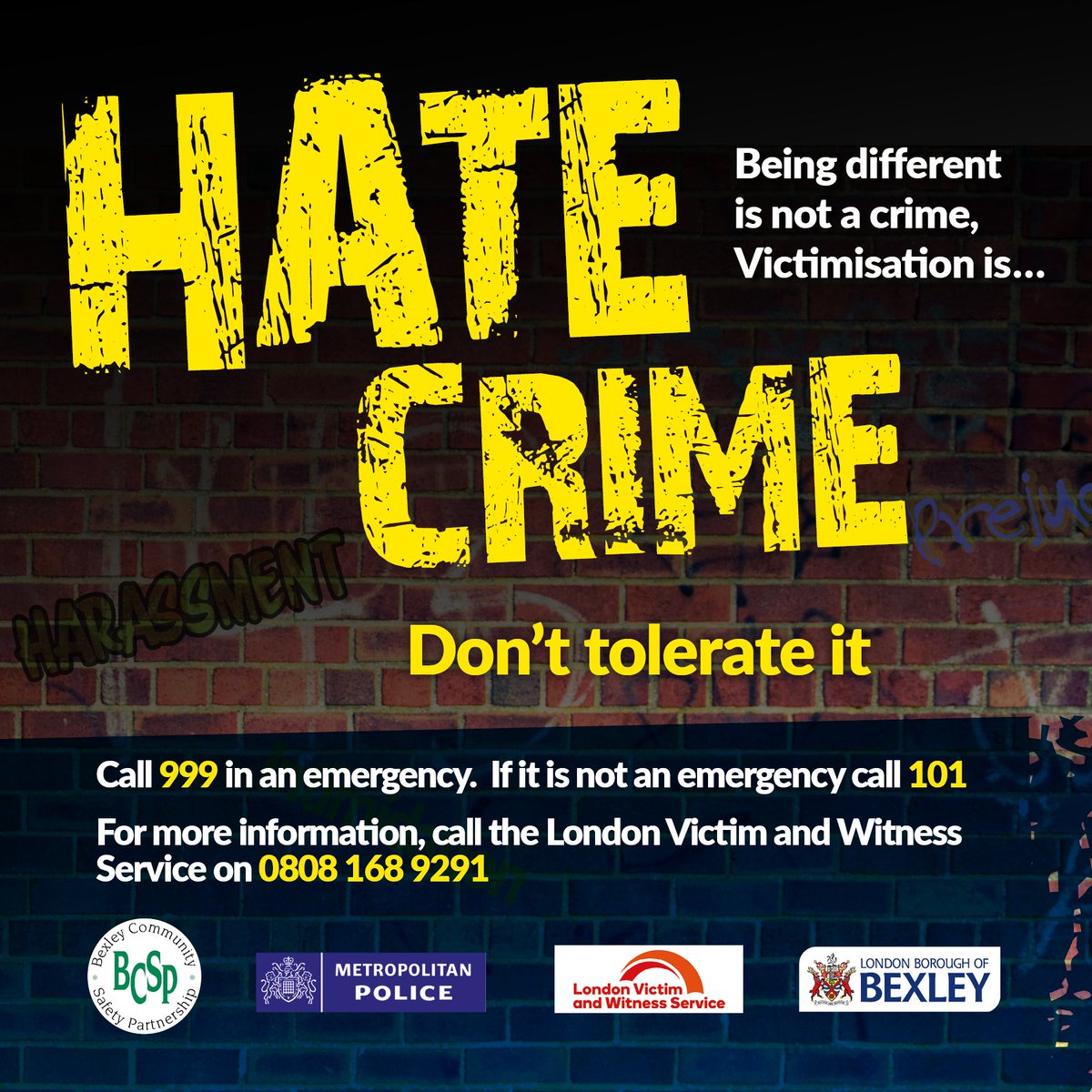 🚫 Hate Crime is never acceptable. No one deserves to be targeted for their identity. Report it to 101 or call 999 in an emergency.

🤝If affected, support is available. Contact London Victim &amp; Witness Service on 0808 168 9291.

🌐More info: bexley.gov.uk/hate-crime #StopHateCrime