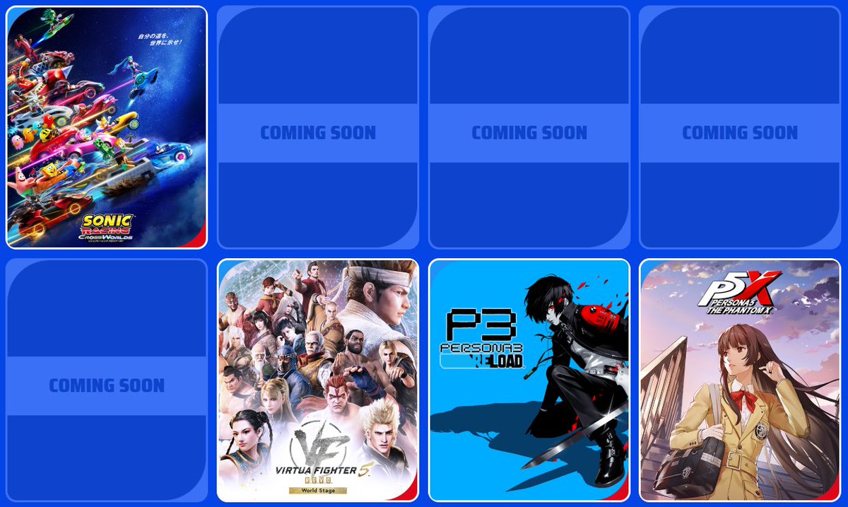 Sega announced its Tokyo Game Show 2025 lineup along with 4 blank spaces yet to be revealed! 👀

- Sonic Racing CrossWorlds
- Persona 3 Reload (Switch 2)
- Virtua Fighter 5
- Persona 5 The Phantom X
- ???
- ???
- ???
- ???

tgs.sega.jp/2025/en/