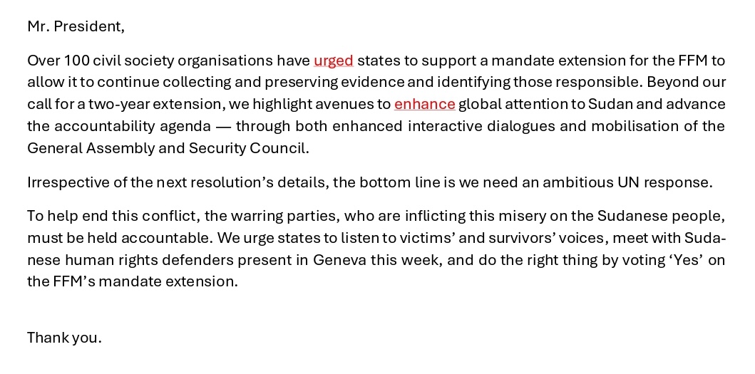 🧵 A thread for DefendDefenders' oral statements at the UN Human Rights Council's 60th session: defenddefenders.org/oral-statement… 🇺🇳 

Today, in a debate with the Fact-Finding Mission (#FFM) for #Sudan, we stressed that we need an ambitious UN response that centers accountability &amp;