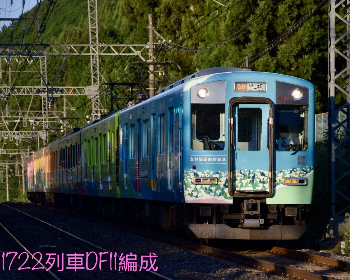 #エリザベスの撮りたて撮影日記📓
🌰9/9(火)🌤️
近鉄×台湾メトロ友好協定締結
１周年記念のラッピングが
施されました😆上りは場所選び
ミスってしまった💦まだまだこれから🌟
⬅️D1525列車⑥急行|青山町(D53)
➡️D1722列車⑥急行|大阪上本町(D03)
高安検車区5800系DF11編成
「🍖台湾へ行こう✈️！列車」