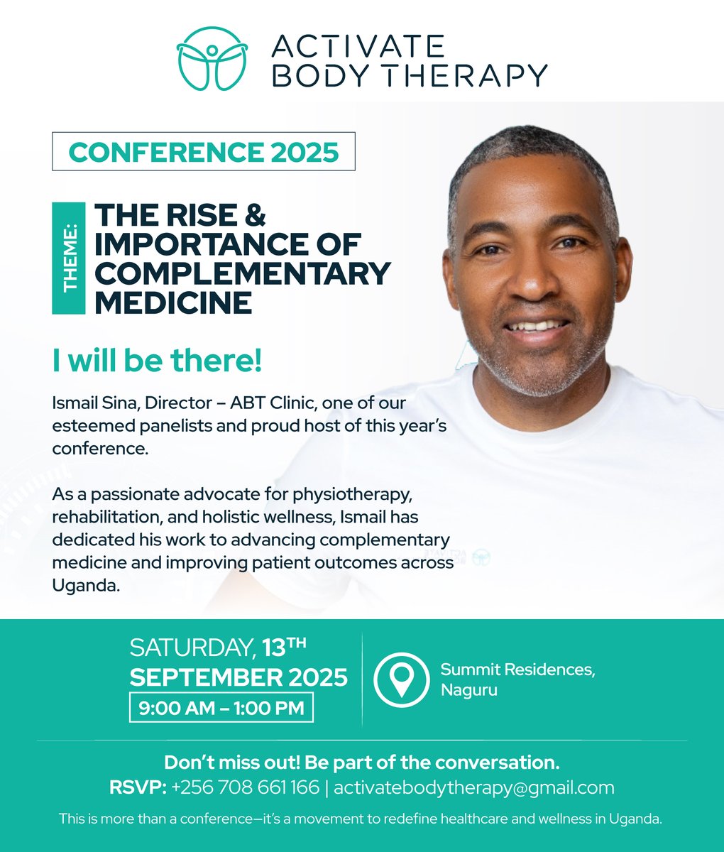 BodyActivate's tweet image. 🚨 Exciting news! 
Our Director, Ismail Sina, will host &amp;amp; join the panel at ABT Conference 2025 .

Join the conversation redefining healthcare &amp;amp; wellness in Uganda! RSVP today!

#ABTConference2025 #ComplementaryMedicine #PhysiotherapyMonth #ABTClinic