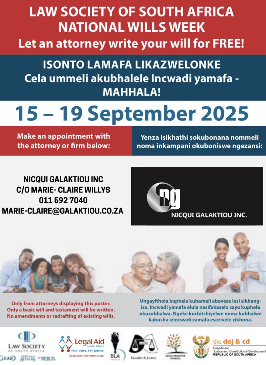 NGInc_Attorneys's tweet image. This year, NGInc will once again be a trusted participant in National Wills Week running from 15 to 19 September 2025. Secure your legacy. #YourWill #YourVoice #PeaceOfMind #NationalWillsWeek