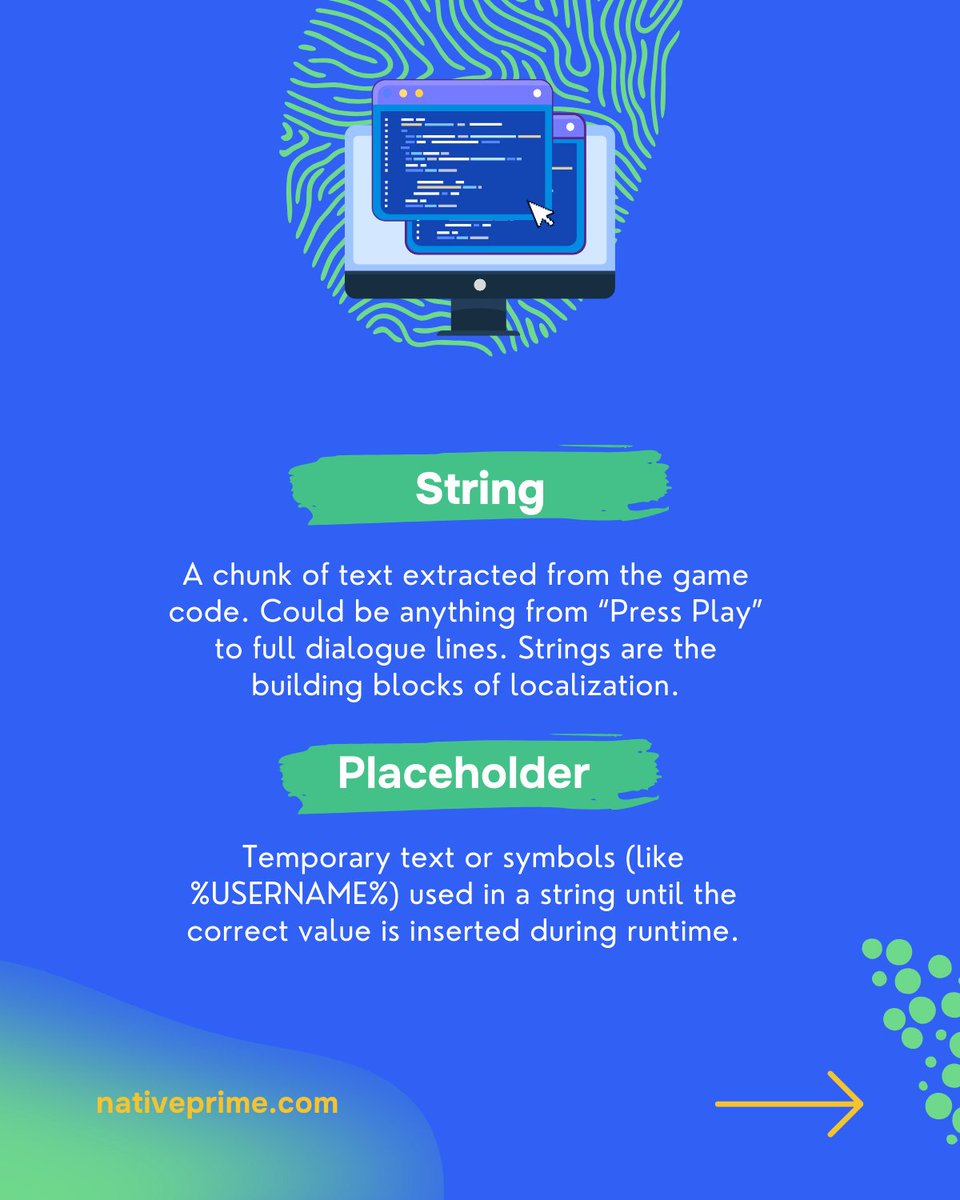 nativeprime's tweet image. Updates from the game localization glossary! 🎮

New to localization PM? Or just want to sound cooler in meetings? We’ve got you. Here&apos;s more lingo you’ll hear on the daily.

#GameLocalization #AudioLocalization
