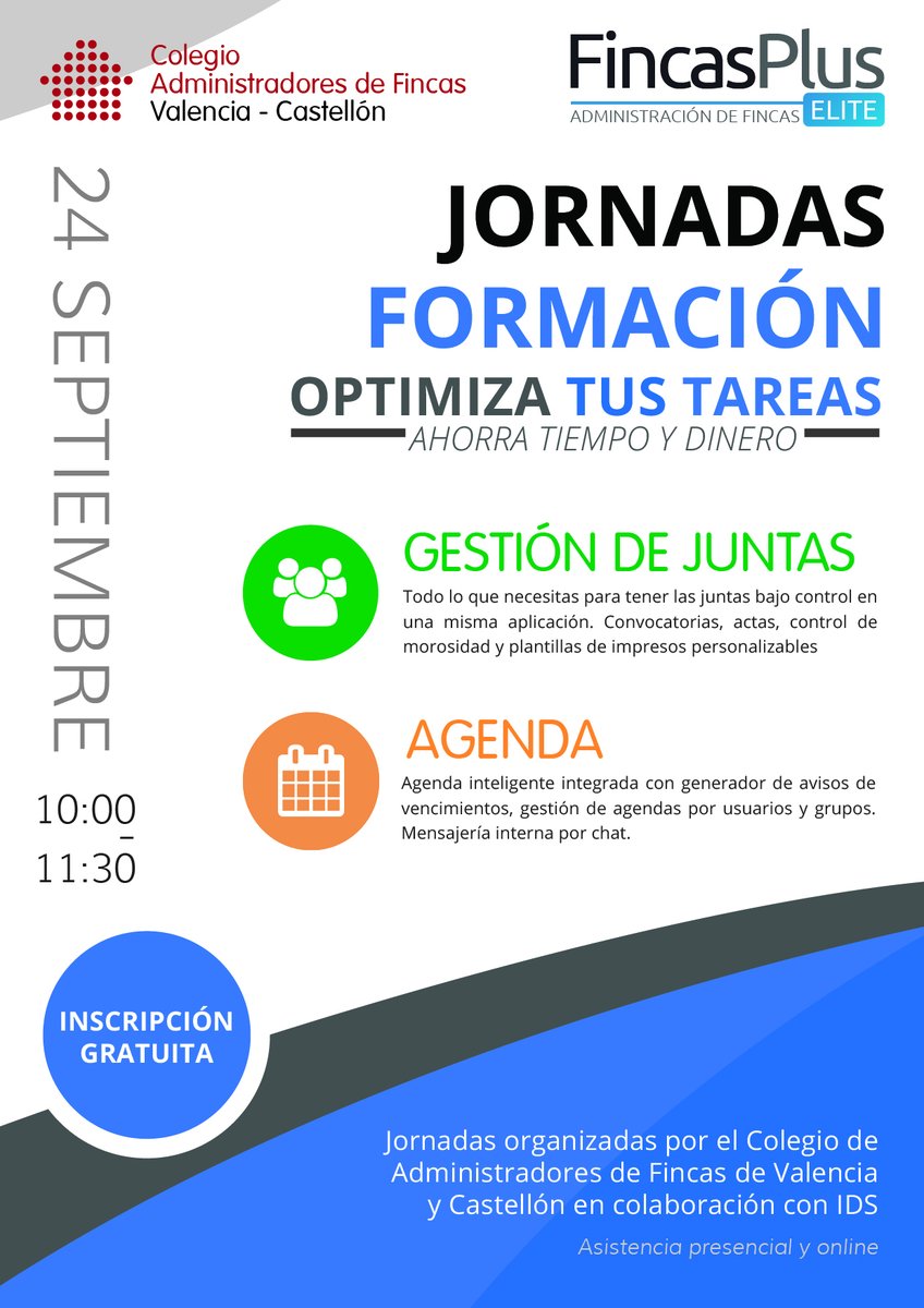 idsplus's tweet photo. Formación Optimiza Tus Tareas
🗓️Miércoles 24 Septiembre
🕙10:00h
📍Presencial (Sede del Colegio de Administradores de Fincas de Valencia, Plaza Crespins 3) y Online vía ZOOM
Inscripción gratuita: https://t.co/FbpZoks7eL
#AFColegiados #IDS #FincasPlusElite #AAFF https://t.co/mbQFXjiNqD