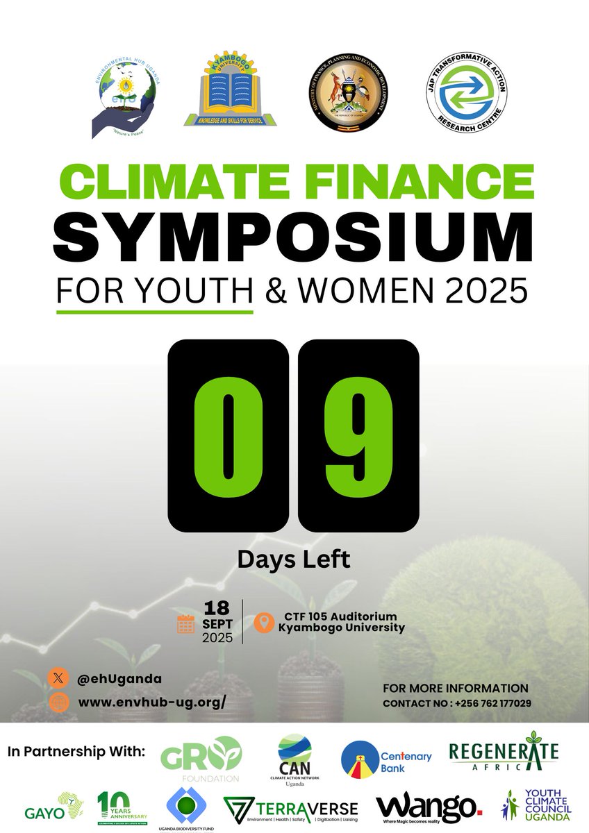 ehUganda's tweet photo. 🚨 Countdown Alert! 🚨
Only 9 days to go until the Green Finance Symposium for Youth &amp; Women 2025 🌍💡.

Join us as we explore how climate finance can shape a sustainable &amp; inclusive future!

📅 18th Sept 
📍 Kyambogo University
#GreenFinanceSymposium #ClimateAction #YouthVoices https://t.co/1bRZD6JzD2