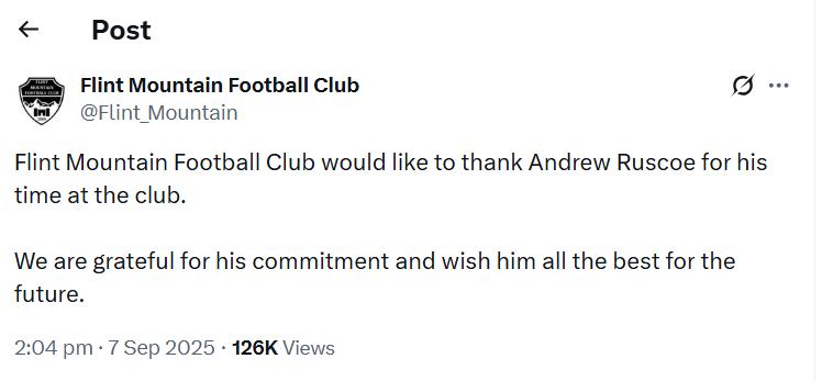 AndrewRuscoe's tweet image. Fair play 125k views meaning 125k eyes on Welsh Football. Regardless of the situation I do hope Flint Mountain stay up &amp;amp; the lads pull through this. Lots of great technical players in the squad who just need the right guidance &amp;amp; chances to express themselves. Good luck all ❤
