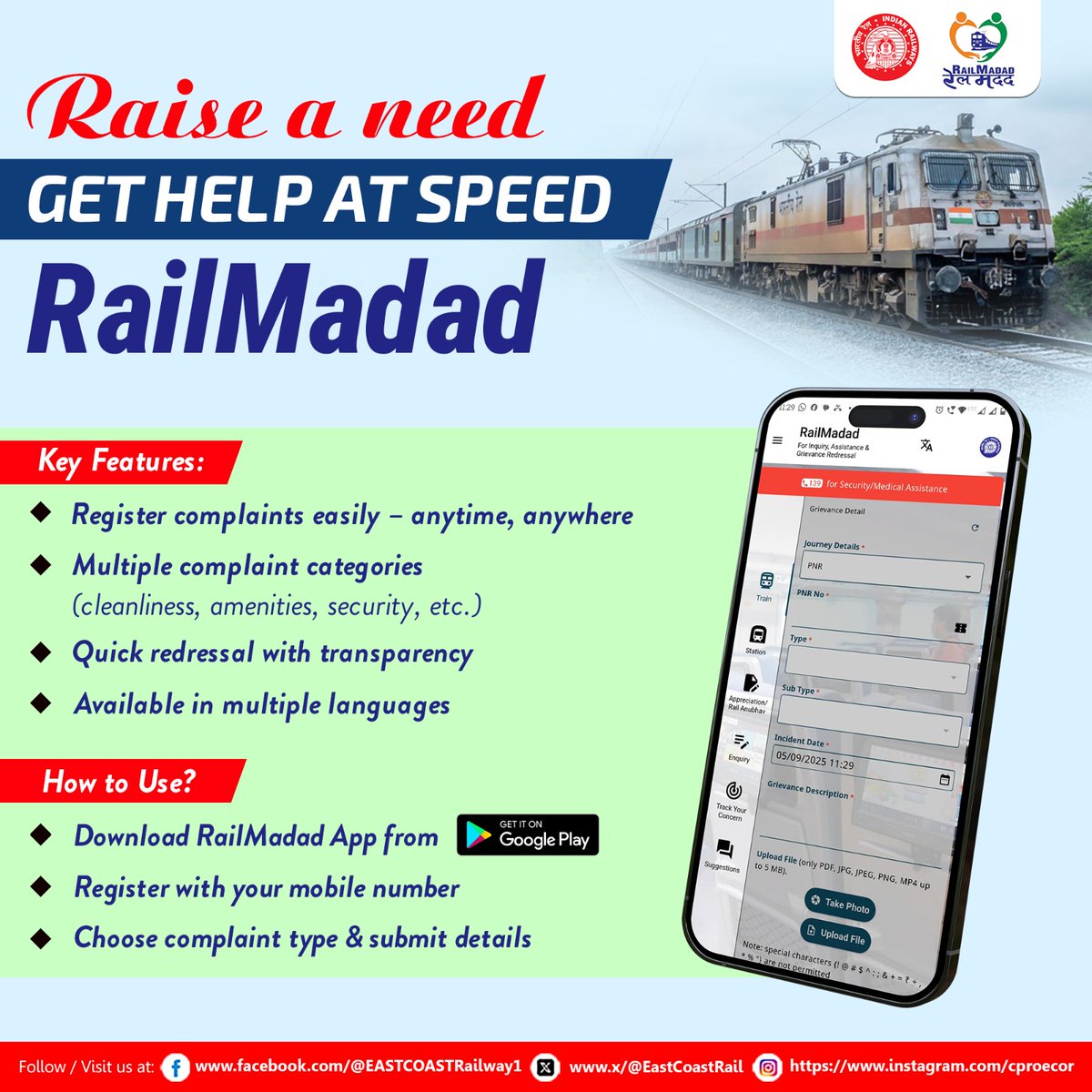 EastCoastRail's tweet image. Cleanliness | Amenities | Security | Assistance
One solution for all your needs – RailMadad App 

#RailMadad #EastCoastRailway #RailwayHelp #ECoRupdate

@RailMinIndia