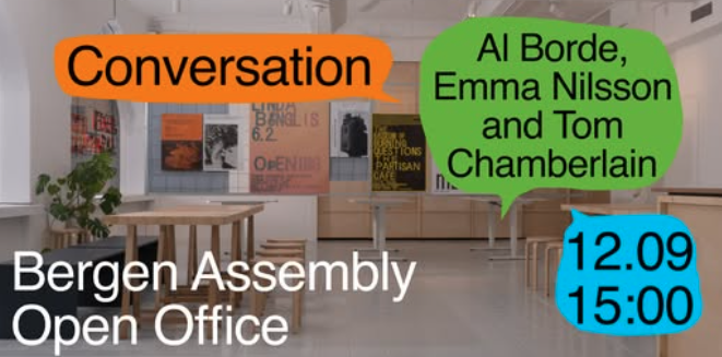 Friday at 15.00  
Open Conversation with Al Borde, Emma Nilsson and Tom Chamberlain   
Place: Bergen Assembly Office

BAS’ Emma Nilsson and Tom Chamberlain and architects of Al Borde will talk about their practice and the commission they have developed for the Open Office.