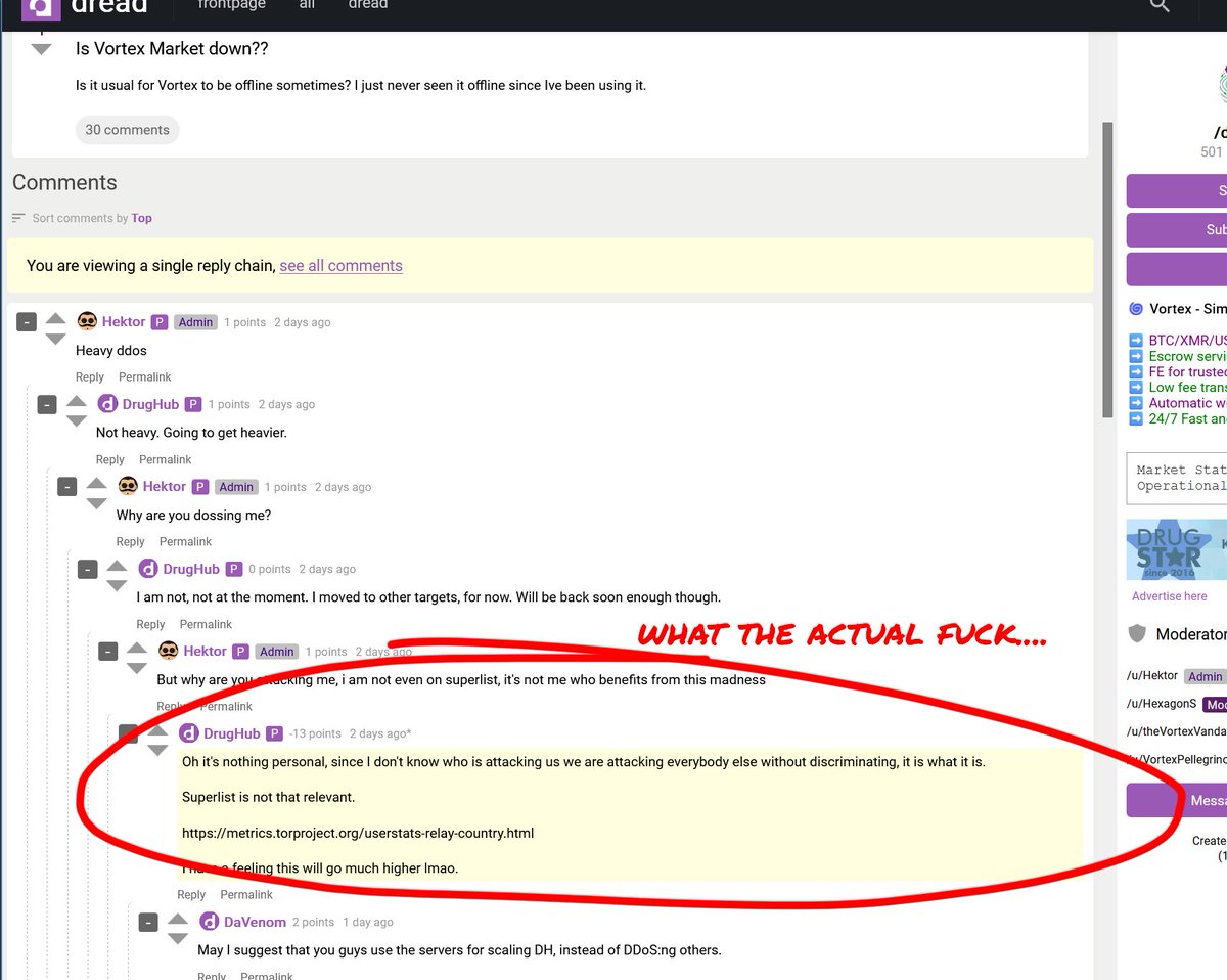notdan's tweet image. &quot;W...Well, you guys MADE us Exit Scam!! The whole community got angry at us for DDoSing the entire Tor network&quot; ..because that makes total sense and DrugHub definitely isn&apos;t a FedTrap™. Watch Yourselves. #DNMDrama #DarknetDrama #DDoS #TorDDoS …ptbet6onoyno2yv7jicoxknyazubrad.onion/post/d22cebfc8…