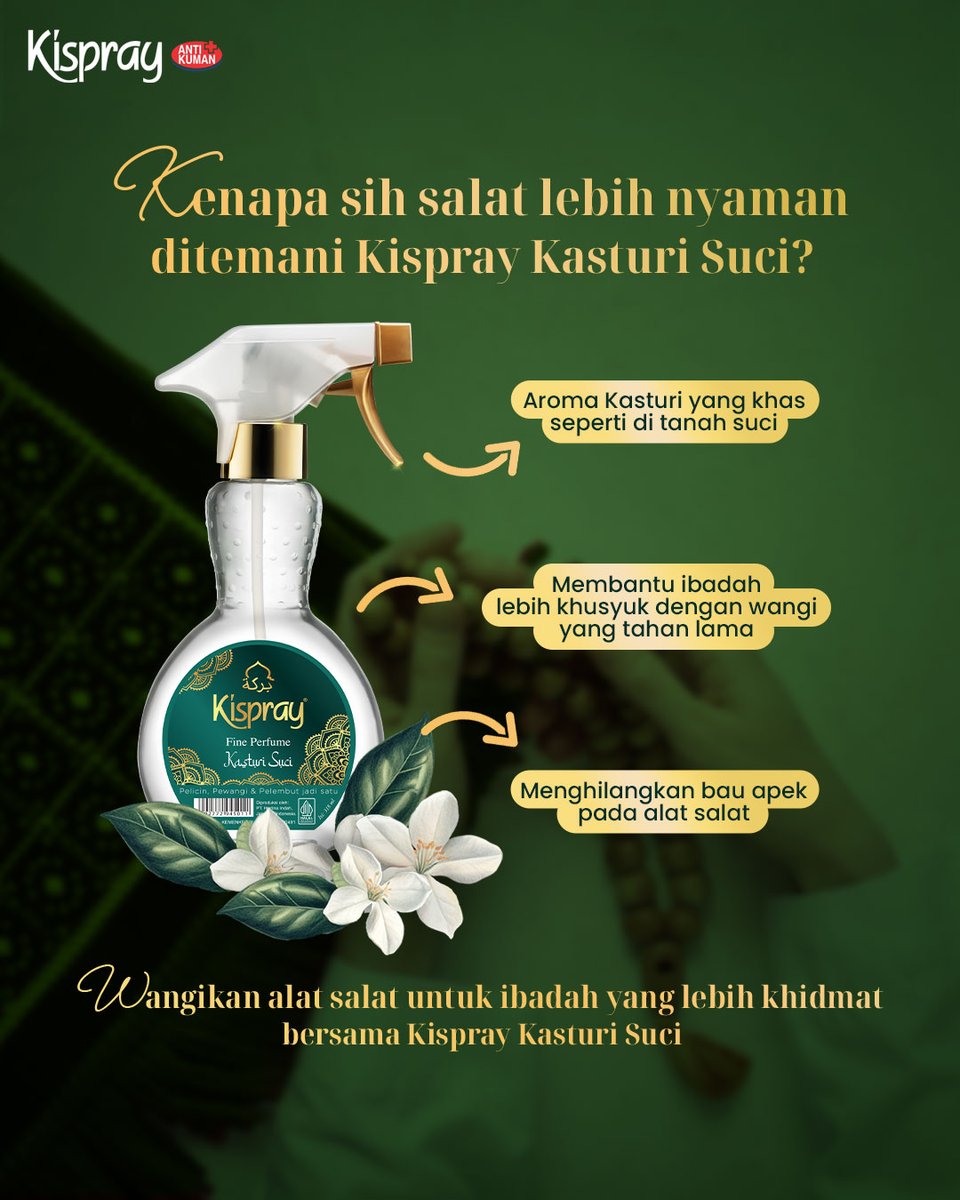 Ibadah nyaman di mulai dari alat shalat yang nyaman juga pastinya. Makanya, jangan lupa semprot Kispray Kasturi Suci sebelum beribadah ya Bu.

#Kispray
#KisprayKasturiSuci
#WangiMewahdiSetiapKesempatan