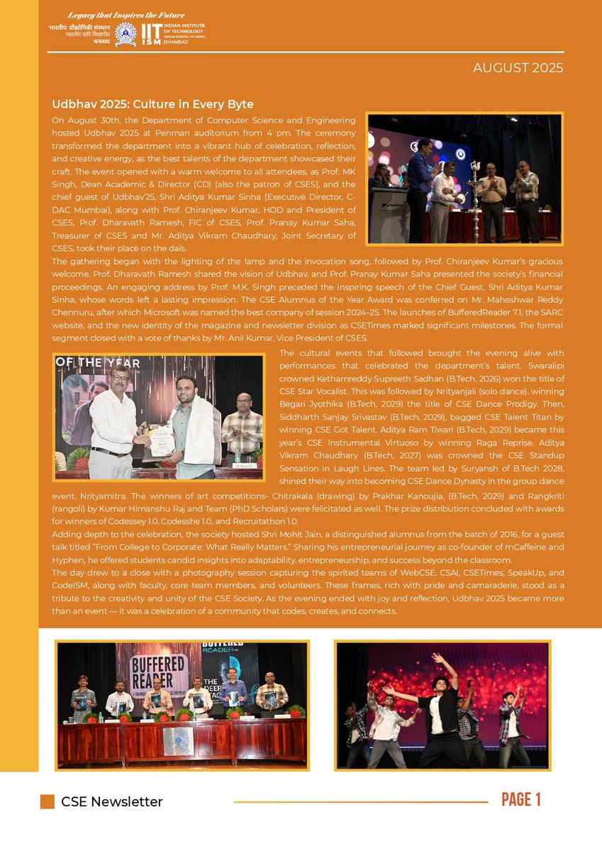 cse_iitism's tweet image. The August 2025 edition of BYTE STREAM is here!
From achievements to events & student stories — dive into the highlights that capture the vibrant spirit of our CSE Department.
#ByteStream #CSEDiaries #CampusVibes #TechTales #StudentSpotlight #Newsletter