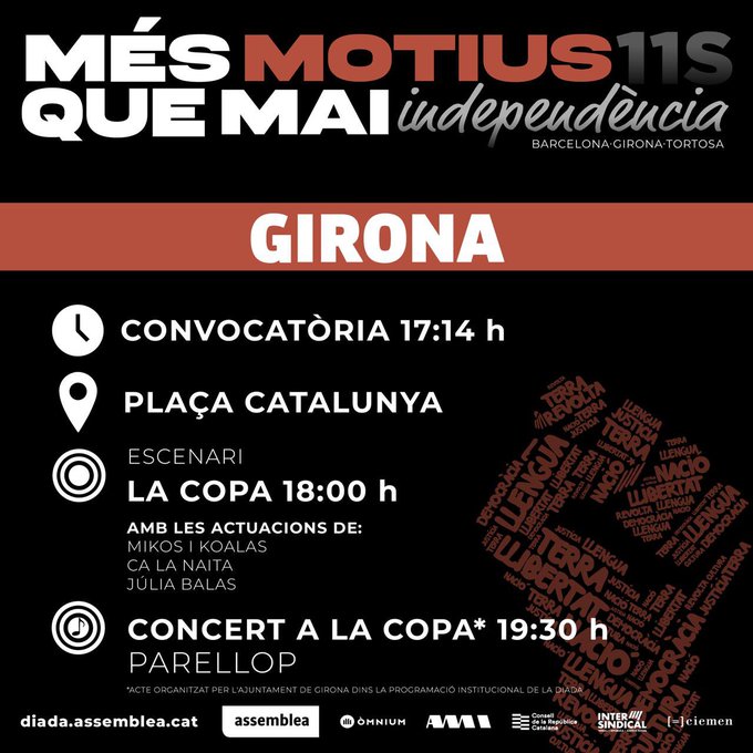 Hi hem sigut en els moments més difícils i hi serem fins a guanyar la llibertat. Ens afegim a les convocatòries de manifestació de Barcelona, Girona i Tortosa 🤝
🚩 Barcelona: 2/4 de 5 davant l'estació de França per incorporar-nos-hi després
✊ 11-S més motius que mai
#HiSom