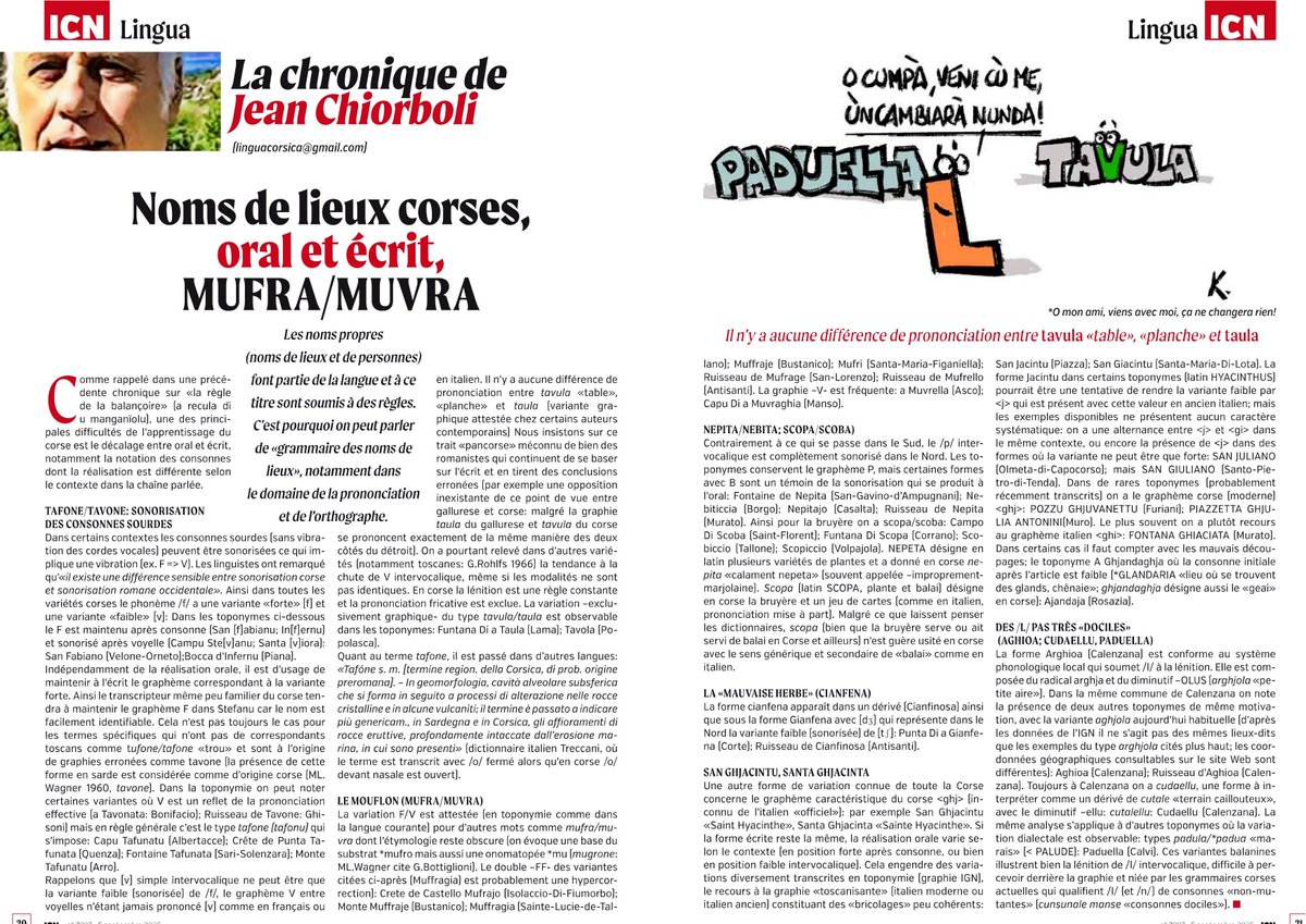 NOMS DE LIEUX CORSES, ORAL ET ÉCRIT, MUFRA/MUVRA)
(Jean Chiorboli, 05/09/2025, icn.corsica, chronique 094)
Contact, infos &amp; texte intégral: linguacorsica@gmail.com