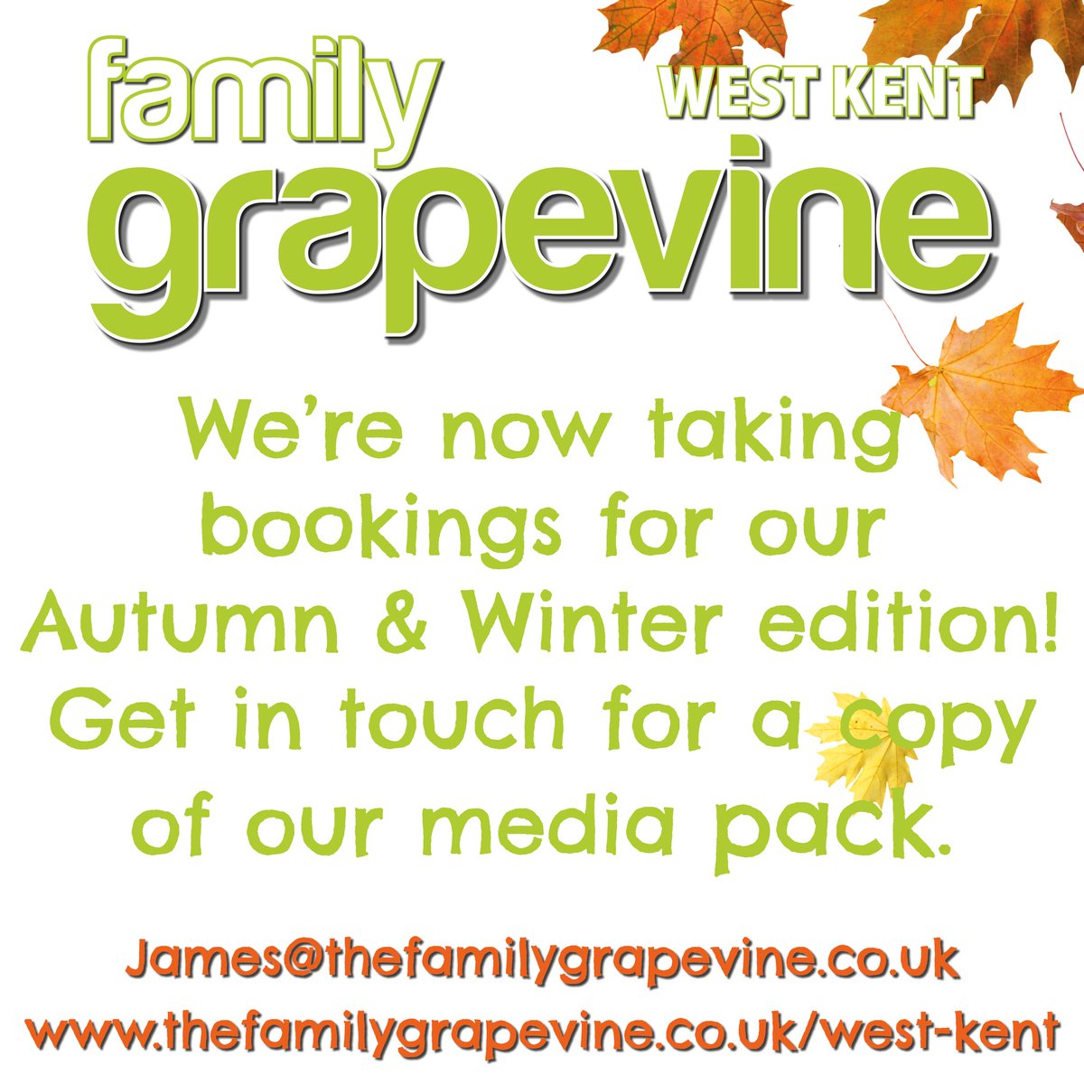 Find out more about advertising in our Winter edition!

Email James@thefamilygrapevine.co.uk for more information and a copy of our media pack.