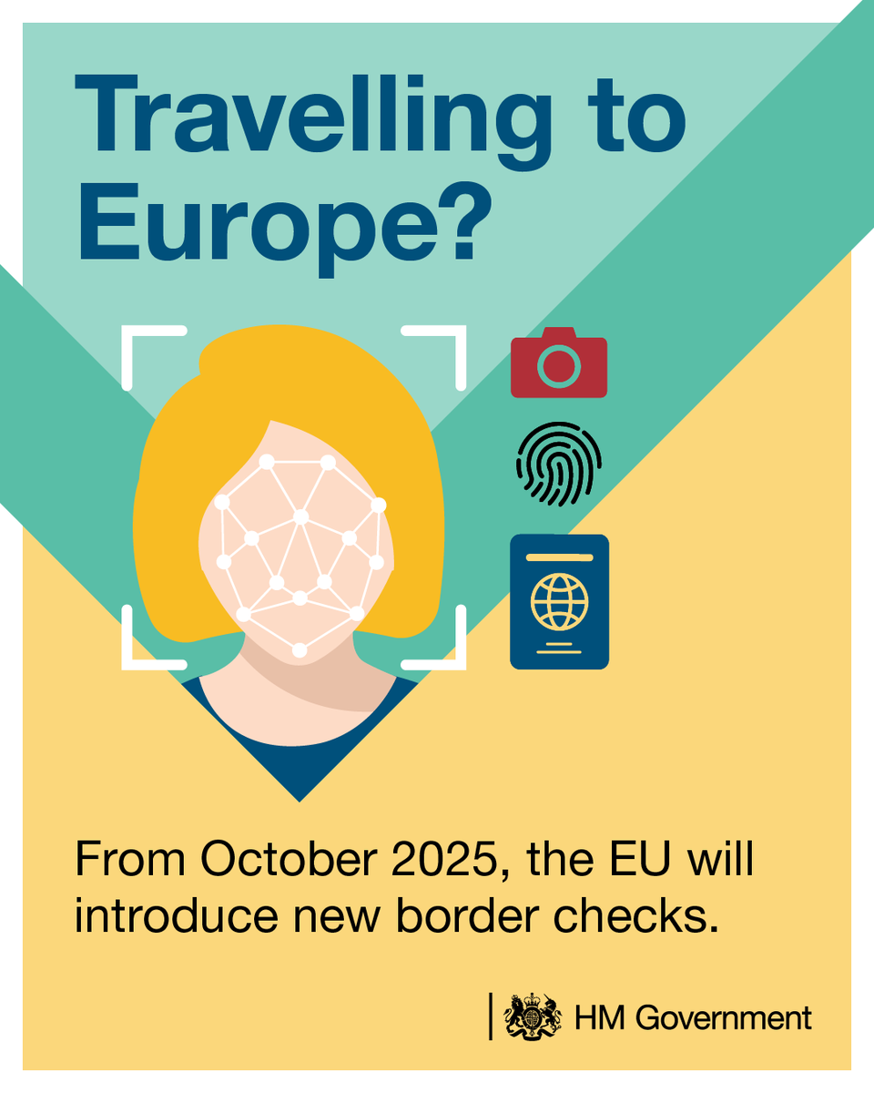 FCDOtravelGovUK's tweet image. Travelling to Europe? ✈️

From 12 October 2025, the EU will introduce new border checks.

Your fingerprints and photo may be taken at the EU border.

This may take a few minutes so be prepared to wait at busy times.

For more info: ow.ly/QIgB50WTI2X
#EES