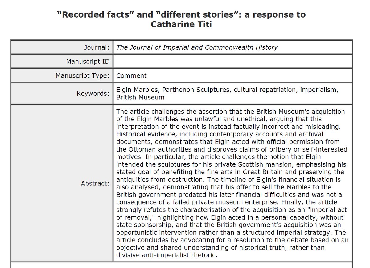 Sharing with you all that my latest article, that challenges some very clumsy presudo-historical cliches on the #ElginMarbles, has been accepted and will soon be published on the <a href="/JICHist/">The Journal of Imperial and Commonwealth History</a>! 

I hope it will empower an increasingly greater number of  people (and lawmakers!) to