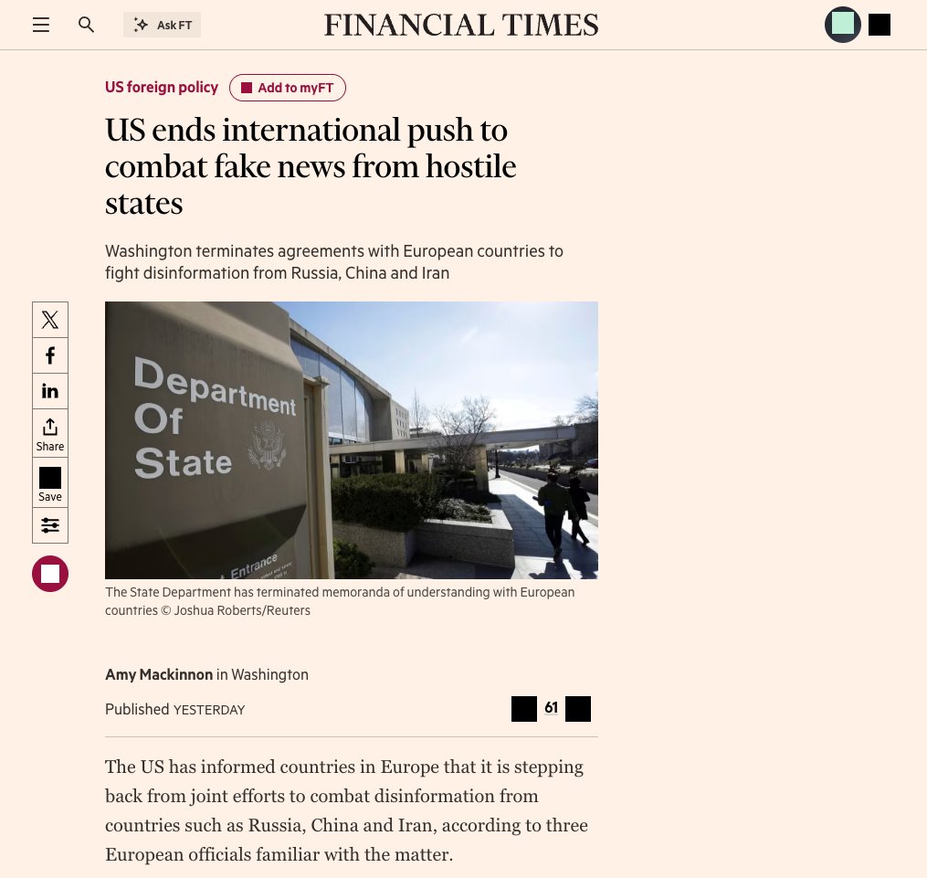 Projet FOX (@projetfox) on Twitter photo 🇺🇸🇪🇺DÉSINFORMATION
Selon le <a href="/FT/">Financial Times</a>, les États-Unis ont informé les pays européens qu'ils se retiraient des protocoles d'accords conjoints signés l'année dernière visant à lutter de manière coordonnée contre la désinformation provenant de pays tels que la Russie, la Chine et l'Iran. 🇺🇸🇪🇺DÉSINFORMATION
Selon le <a href="/FT/">Financial Times</a>, les États-Unis ont informé les pays européens qu'ils se retiraient des protocoles d'accords conjoints signés l'année dernière visant à lutter de manière coordonnée contre la désinformation provenant de pays tels que la Russie, la Chine et l'Iran.