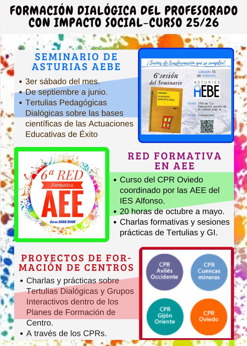 Un año más de sueños de transformación con formación dialógica del profesorado:

💙Seminario <a href="/AsturiasAEBE/">Asturias AEBE</a>: forms.gle/nHRptyJY4PEYqX…
 
♥️6ª Red Formativa AEE con las <a href="/AEEAlfonsoII/">Actuaciones Educativas de Éxito (IES Alfonso II)</a>:
forms.office.com/e/JvrEkmcKUZ 📷

🧡Cursos intensivos de formación:
forms.gle/eydTH9A87jsnnr…