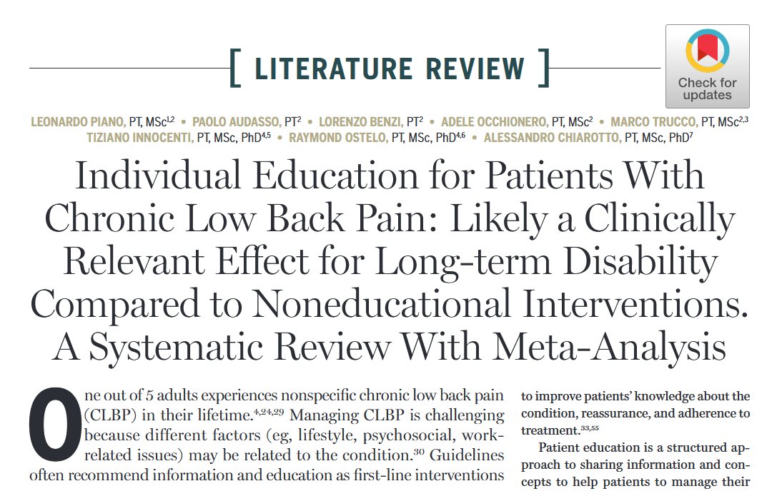JOSPT's tweet image. Our May #Review determined that an individual #Education based treatment helps patients with chronic #LowBackPain reduce long-term disability

Take a look at how the review was conducted and see what other insights the authors gained ➡️ ow.ly/BzxJ50VPJwF

#yourJOSPT