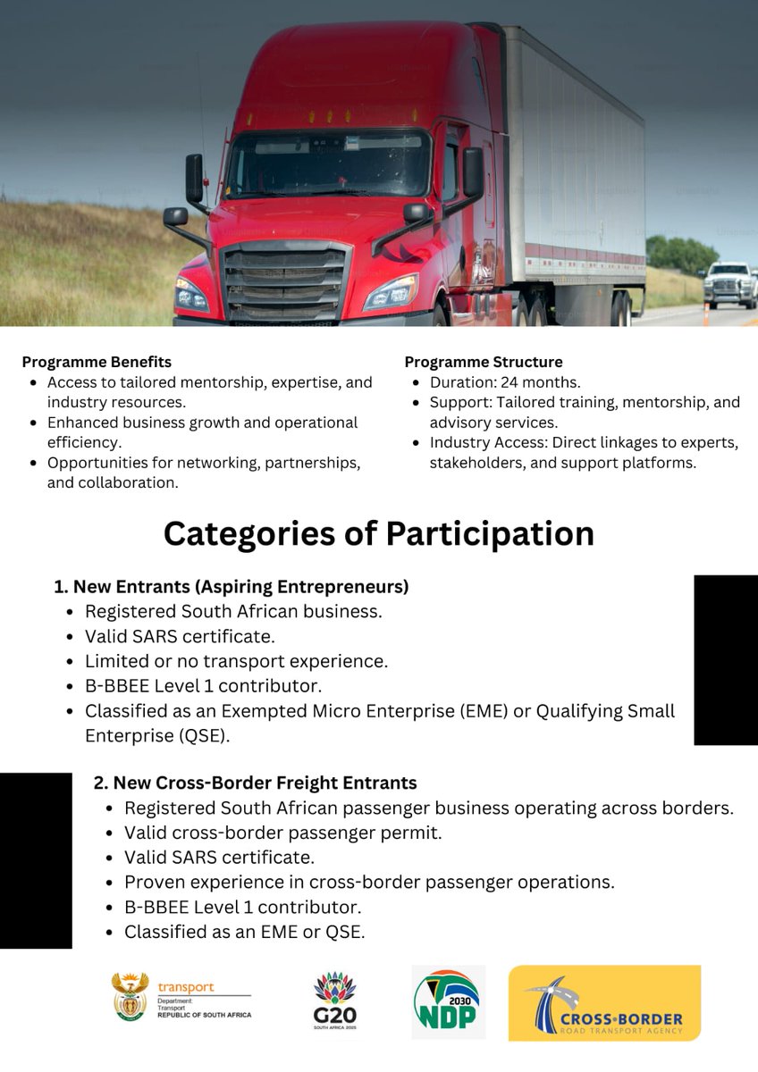 CBRTA_ZA's tweet image. A CALL FOR PARTICIPATION: C-BRTA MSME INCUBATION PROGRAMME!!
#CbrtaIncubationProgramme
#EnterpriseDevelopment
#CrossBorderRoadTransport
#InduatryDevelopment