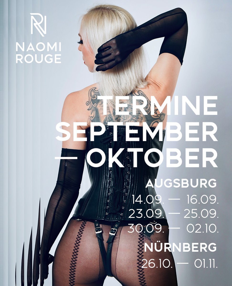September und Oktober wird wieder heiß! 🔥

AUGSBURG - <a href="/DarkDomicile/">Domicile Dark Emotion</a> 
14.09. - 16.09.
23.09. - 25.09.
30.09. - 02.10.

NÜRNBERG - Lady Eve Bizarrerie
26.10. - 01.11.

Die Termine sind begehrt. Bewerbt euch also frühzeitig über meine Webseite oder WhatsApp! 😈