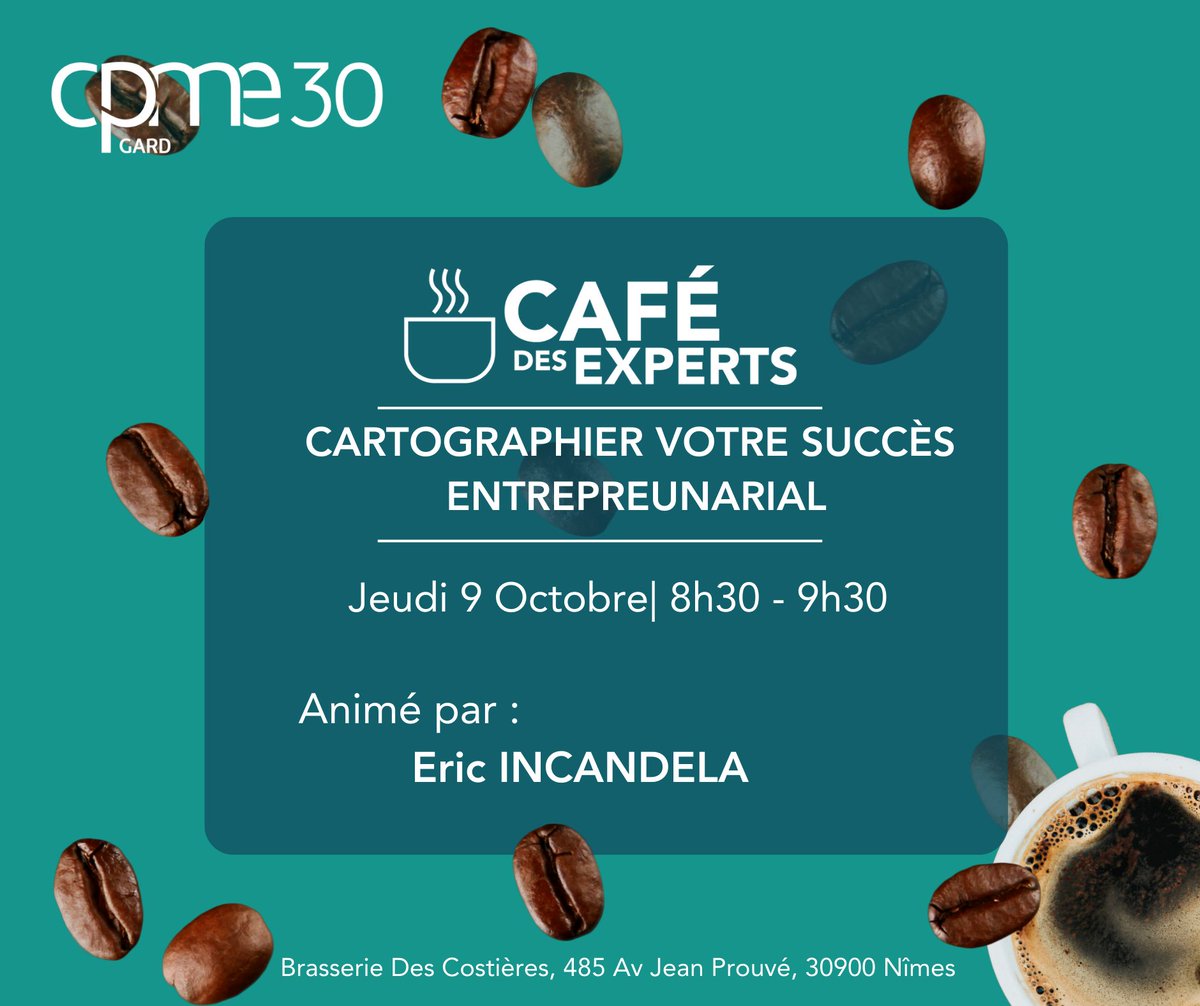 Café des Experts avec Eric Incandela !
Envie d’entreprendre ? Transformez vos idées en projet structuré : compétences, vision, méthode SMART 💡
📅 Jeu. 9/10 – 8h30 | Nîmes
📍 Brasserie Les Costières
🔗 Inscription : urlr.me/trZq5K

#Entrepreneuriat #Réseau #CPME30