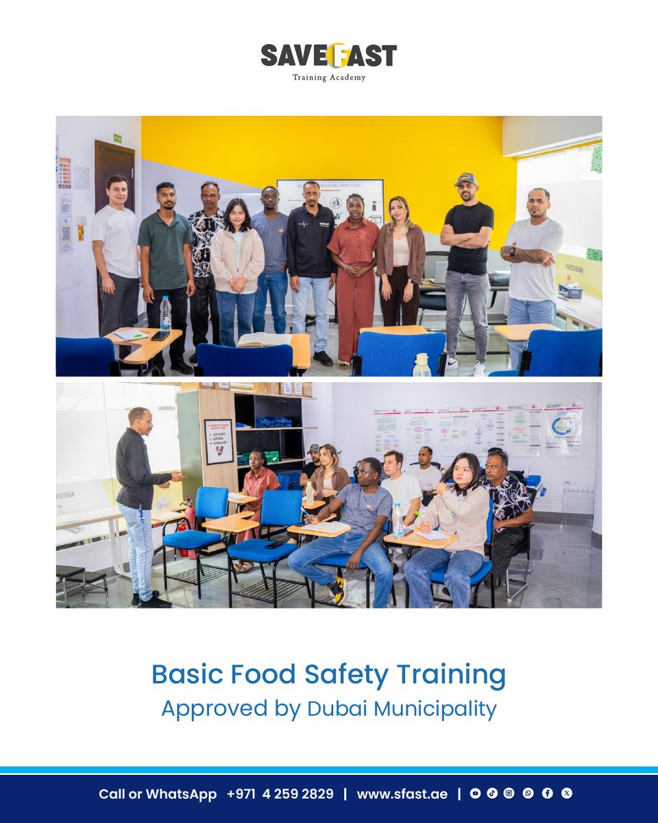 save_fast's tweet image. Basic Food Safety Training approved by Dubai Municipality, led by Dr. Rashid equipping participants with essential food hygiene and safety knowledge.

 +971 4 259 2829 | sfast.ae

#SaveFast #FoodSafety #DubaiMunicipality #SafetyFirst #UAE