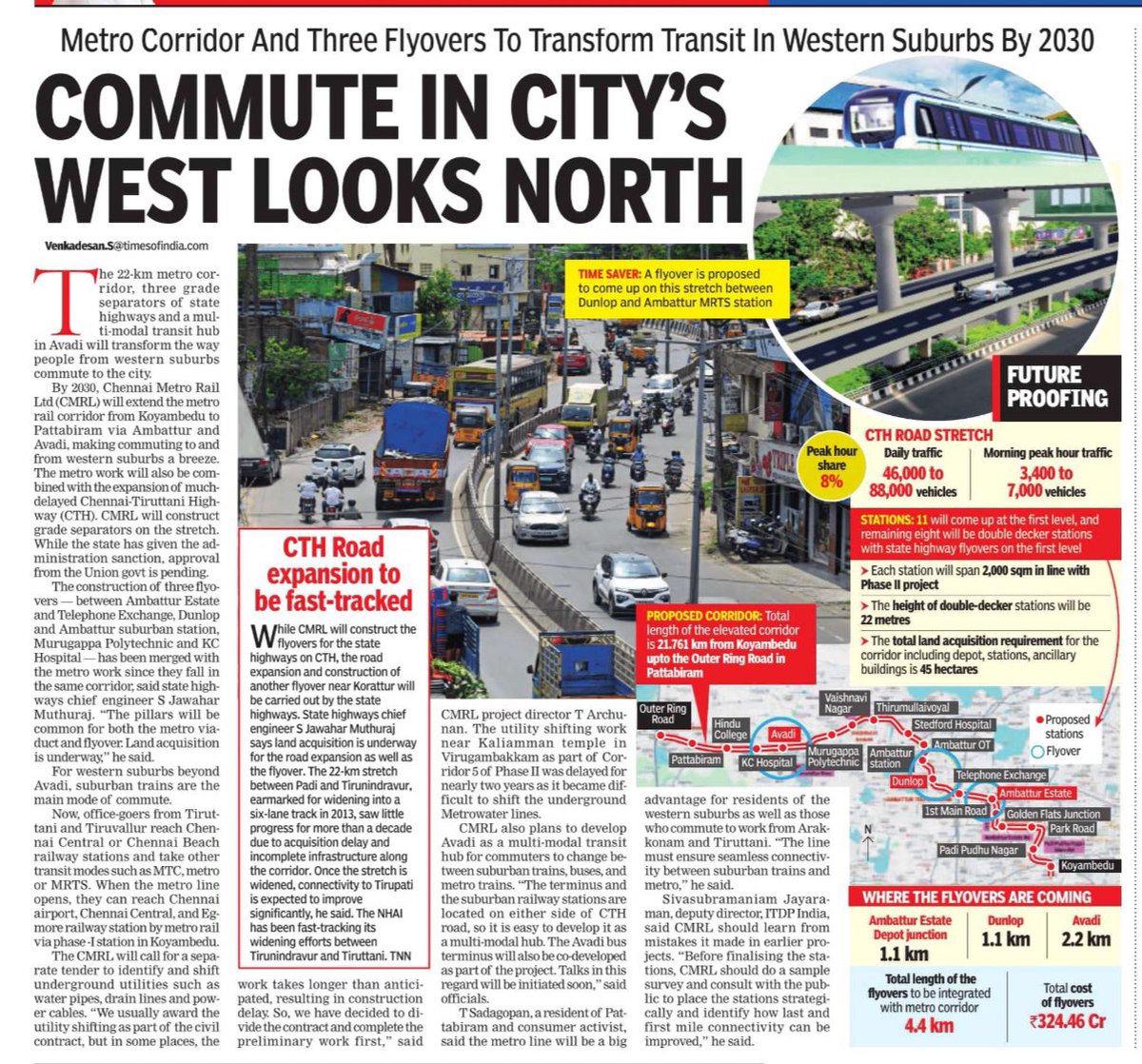 #Koyambedu-#Mogappair-#Ambattur Estate-Ambattur OT -#Thirumullaivoyal-#Avadi-#Pattabiram Tidel Park-Outer Ring Road Red Metro Extension &amp; Construction of 3 Flyovers &amp; Widening of CTH Road will Transform Western Suburbs of #Chennai- Ambattur &amp; Avadi