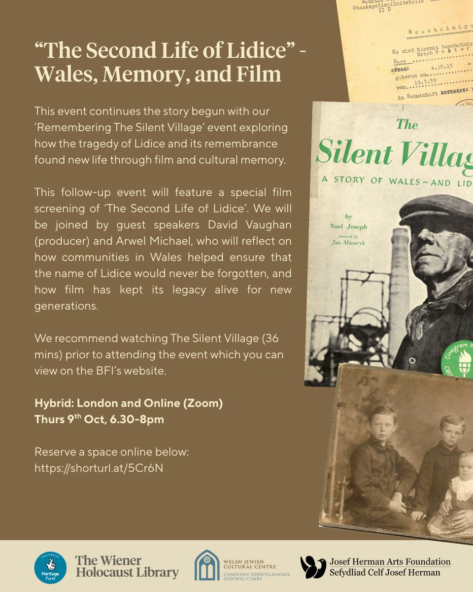 Forthcoming follow-up event to "Remembering the Silent Village: the Story of Wales and Lidice" -

"The Second Life of Lidice" – Wales, Memory, and Film

October 9 @ 6:30 pm - 8:00 pm. 

Now with added Zoom! <a href="/wienerlibrary/">The Wiener Holocaust Library</a> 

wienerholocaustlibrary.org/event/the-seco…