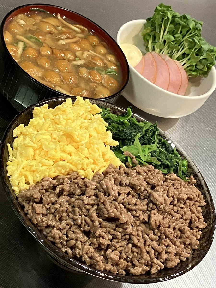 今日は甘辛そぼろの三色丼定食を食べました。おいしかったです。