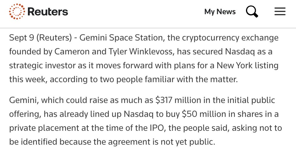 Reuters screenshot: Nasdaq invests $50M in Gemini ahead of IPO