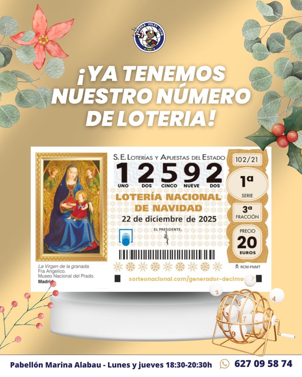 🎊 ¡Ya tenemos nuestro número de LOTERÍA! 🎊
El 12592 será el número que lleve toda la familia azul esta Navidad💙🏐

¡¡Participa con nosotros en este emocionante sorteo navideño por solo 22€!!🙌

📍 Av. de la Constitución, 2, Mairena del Aljarafe

#MairenaVoleyClub