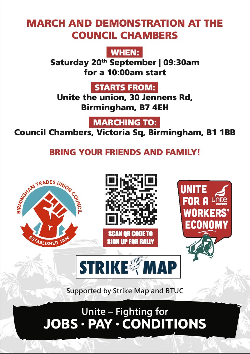STOP THIS RUBBISH- end the bin strike with a fair deal now!

Join us at this important <a href="/UniteEconomy/">Unite For A Workers' Economy</a>/ <a href="/unitetheunion/">Unite the union: join a union</a> demonstration in Birmingham on 20 September.

Tell the strikers you're coming here: bit.ly/BrumBinNationa…

#StrikeMap #BrumBinStrike #Birmingham #UpTheWorkers