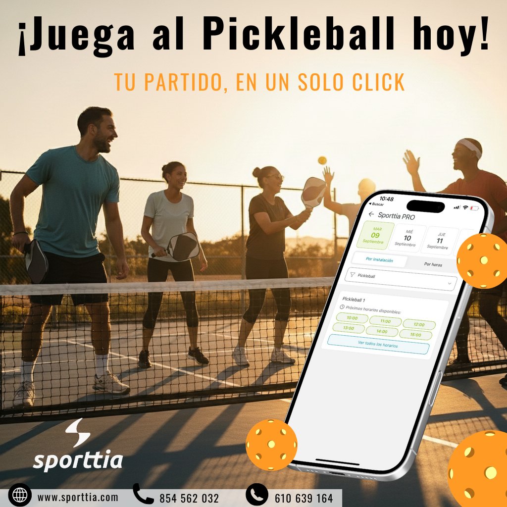 🎾 Pickleball + Amigos + Diversión = ¡Planazo asegurado!
Reserva tu partido en un solo click 📲
 📲play.google.com/store/apps/det…...
 🍏apps.apple.com/.../sporttia-r…

✨ También puedes entrar en sporttia.com desde tu navegador.