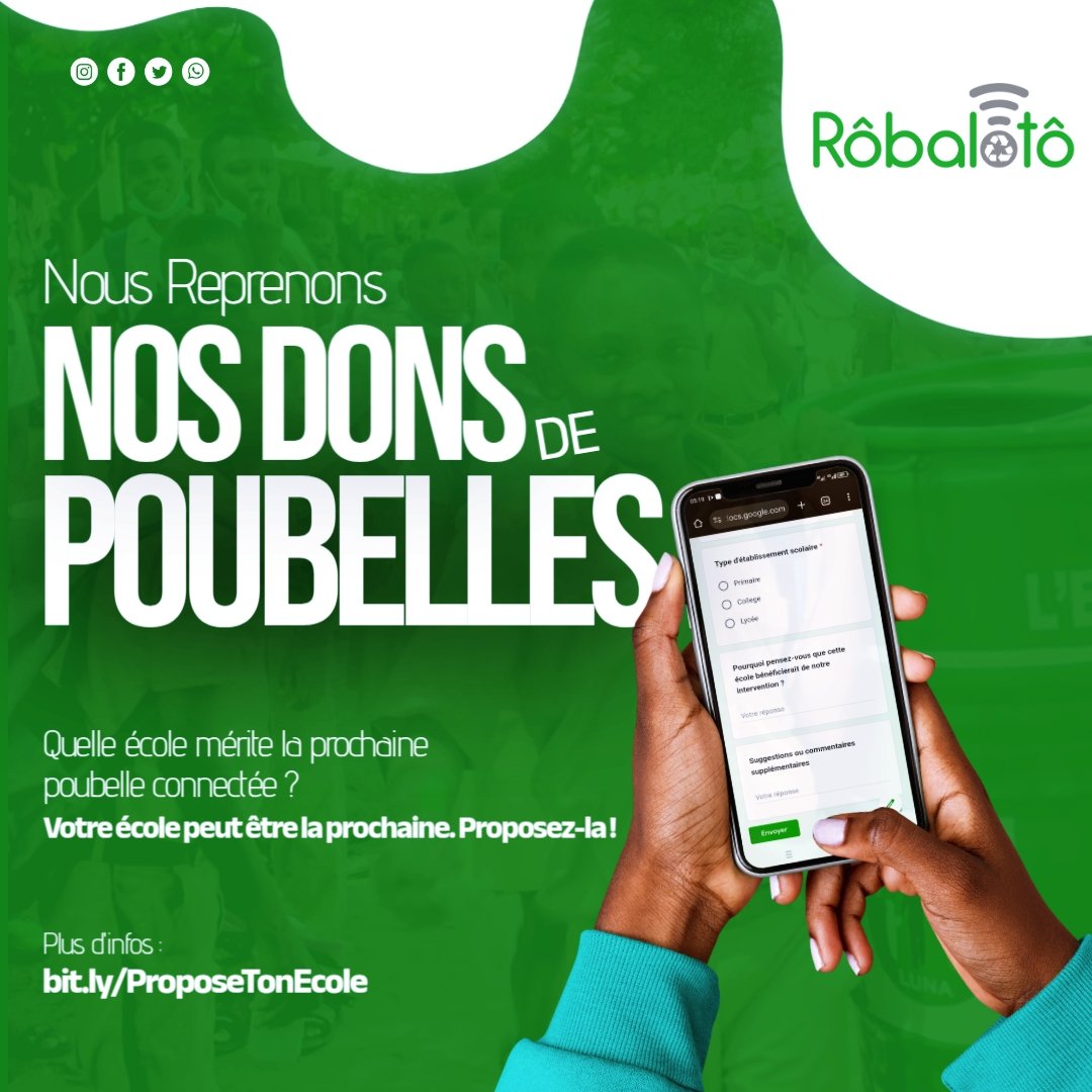 L’an dernier, grâce à vous, une dizaine d'écoles ont été équipées de nos poubelles intelligentes

Cette année, on remet ça ! Quelle école mérite de rejoindre l’aventure ? 
Balance ton idée ici 👉 bit.ly/ProposeTonEcole
On ne peut pas le faire sans toi ! Let’s go la team

#Togo