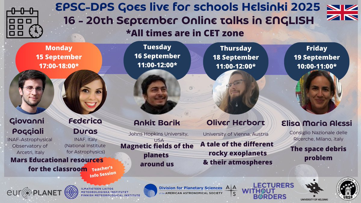 The online schedule of the school outreach program in planetary sciences is out!

Starting the following week with a teachers' session followed by 3 talks for school students.

Register in the link below:
lewibo.org/post/the-onlin…

#EPSC2025 #DPS2025