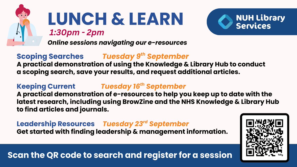 Interested in learning how to navigate the NHS Knowledge &amp; Library Hub? Looking for leadership &amp; management resources? 🔎

Sign up at bit.ly/4bjTxc3 for one of our online lunchtime 30-minute sessions. Open to NUH staff &amp; students on placement only. 💻 📑