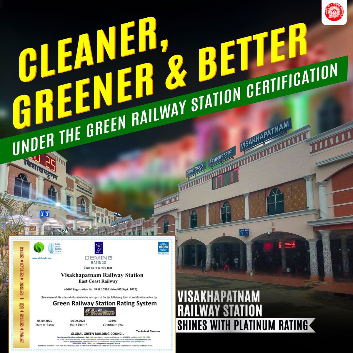 Ministry of Railways (@railminindia) on Twitter photo Visakhapatnam Railway Station in Andhra Pradesh has been honored with prestigious "Platinum rating" under the Green Railway Station Certification rating system, acknowledging its outstanding eco-friendly initiatives and commitment to sustainable practices Visakhapatnam Railway Station in Andhra Pradesh has been honored with prestigious "Platinum rating" under the Green Railway Station Certification rating system, acknowledging its outstanding eco-friendly initiatives and commitment to sustainable practices