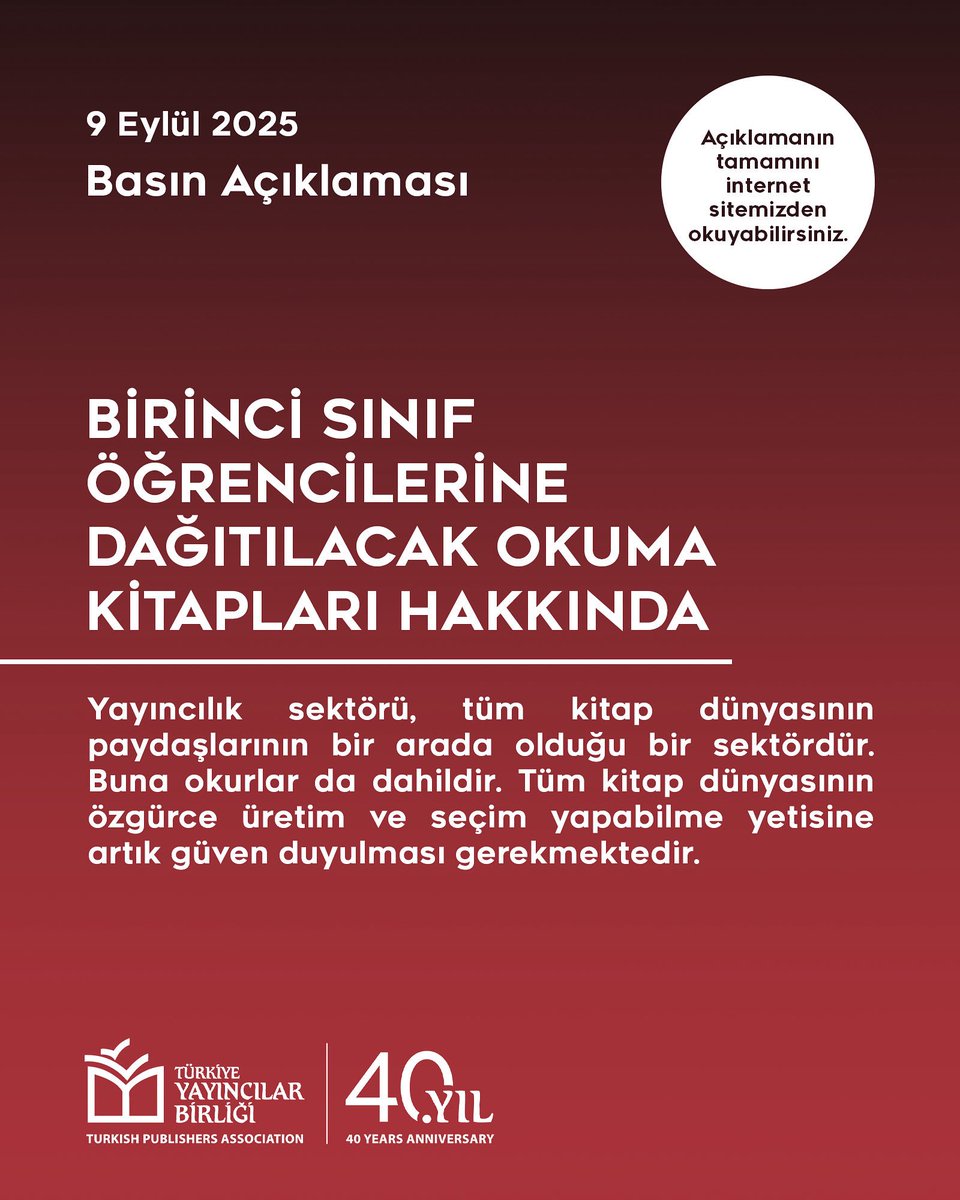Türkiye Yayıncılar Birliği’nin birinci sınıf öğrencilerine dağıtılacak okuma kitapları hakkında basın açıklamasını internet sitemizden okuyabilirsiniz.

turkyaybir.org.tr/birinci-sinif-…