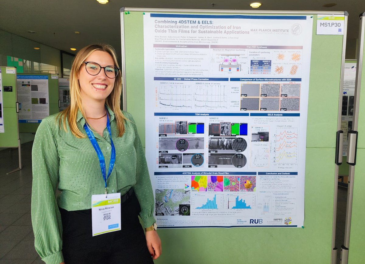 Congratulations to Nina Kosian 👏 Her poster on advancing #iron oxide thin films that are potential candidates for green #hydrogen production won the Best Poster Award at the Microscopy Conference MC2025.
mpie.de/5107204/nina-k…