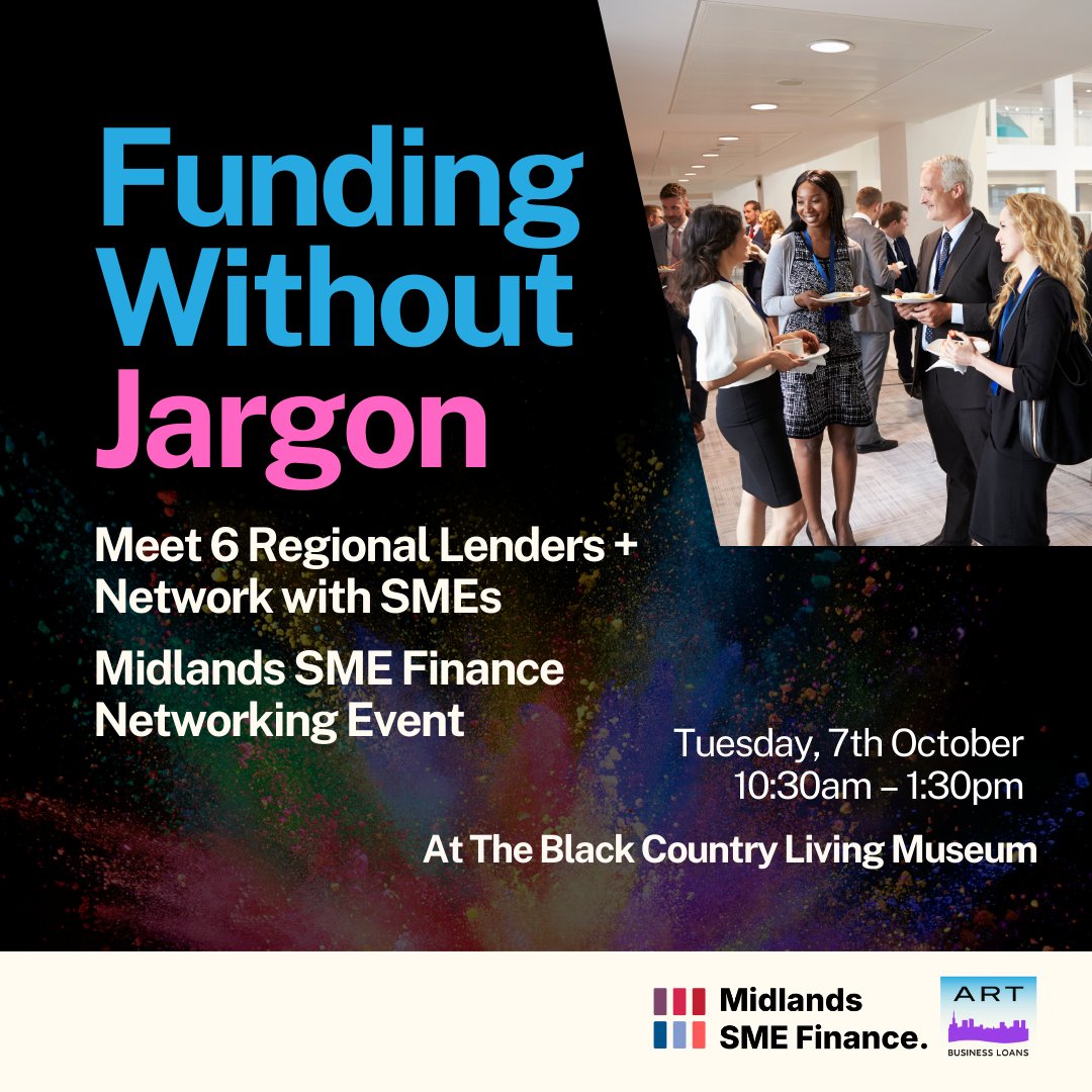 Join ART Business Loans at the Midlands SME Finance Networking Event.
Register Here:
eventbrite.co.uk/e/midlands-sme…

#MidlandsSMEFinance #FundingWithoutJargon #BusinessFinanceWeek #SMEs #BusinessGrowth #MidlandsBusiness #BritishBusinessBank #CDFI
