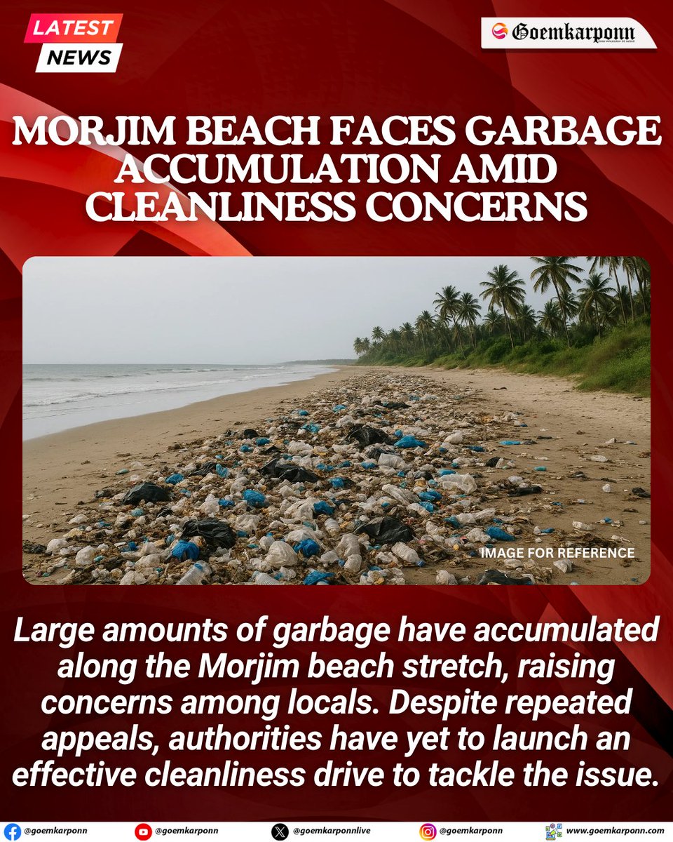 goemkarponnlive's tweet image. Large amounts of garbage have accumulated along the Morjim beach stretch, raising concerns among locals. Despite repeated appeals, authorities have yet to launch an effective cleanliness drive to tackle the issue.
#MorjimBeach #GoaNews #CleanlinessDrive #WasteManagement