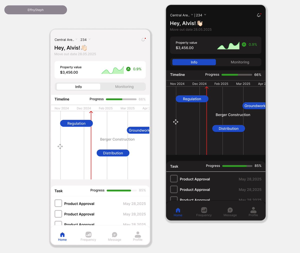EffnySteph's tweet image. I tried my hand at a construction monitoring app I found online and recreated, which features a progress timeline and property value. Also explored both light &amp;amp; dark modes. Feedback is always welcome 🙌 #uiuxdesign #UIDesign #effnysteph